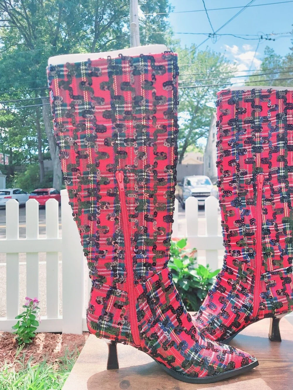 Betsey Johnson Pamella Red & Black Plaid Mid Calf Heeled Boots Womens Size 6 NWT
